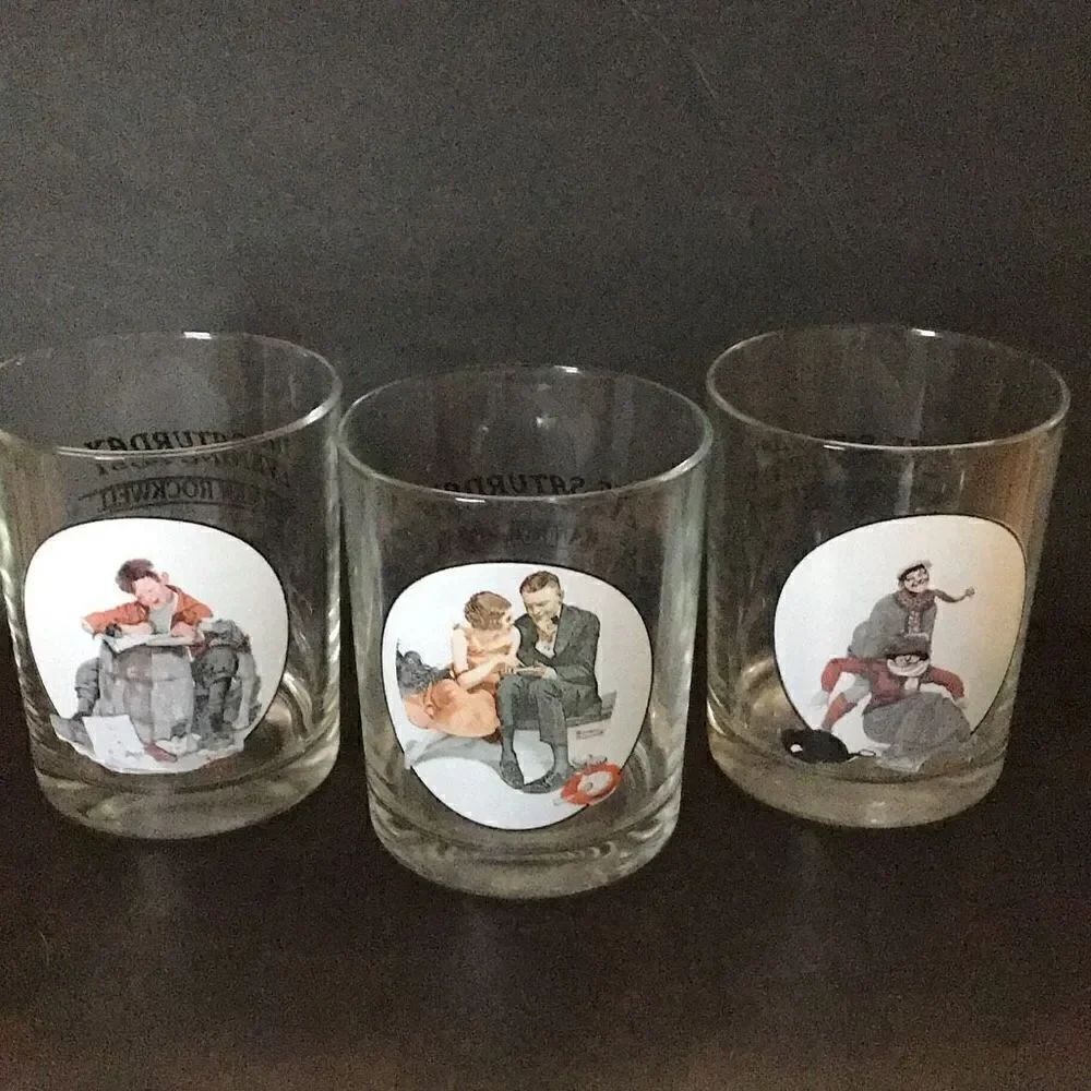 Cocktail glasses set of three Norman Rockwell Saturday evening post glassware